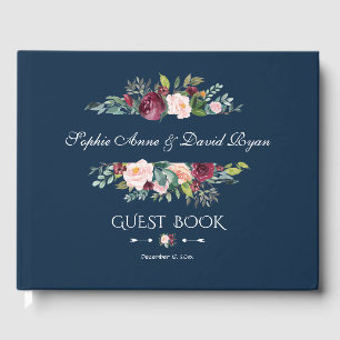 Elegante Burgundy Blush Bloral Navy Blue Wedding Gästebuch