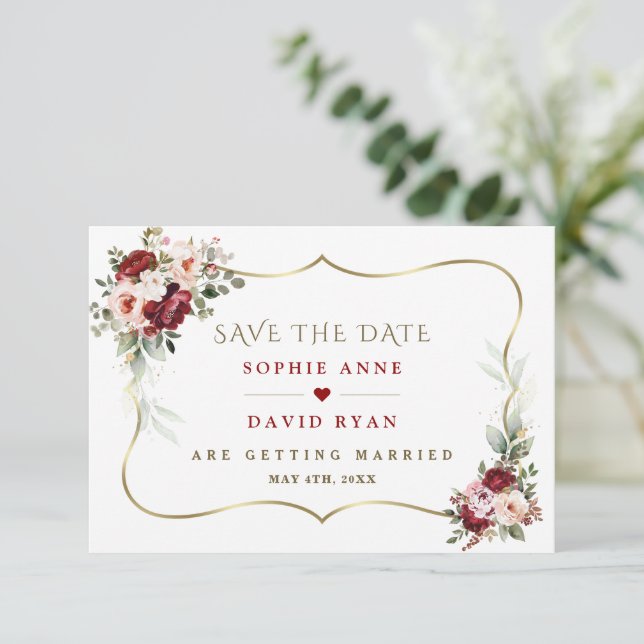 Elegante Burgundy Blush Blume Gold Hochzeit im Her Save The Date (Stehend Vorderseite)