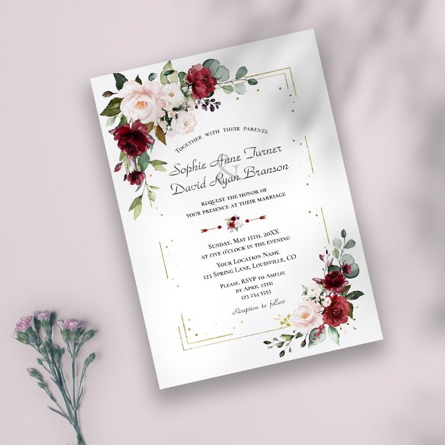 Elegante Burgundy Blush Blume Gold Wedding Einladung (Von Creator hochgeladen)