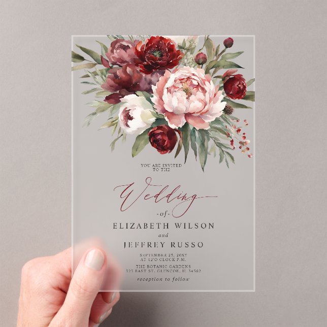 Elegante Burgundy Blush Botanical Floral Wedding Acryleinladungen (Insitu (Handheld))