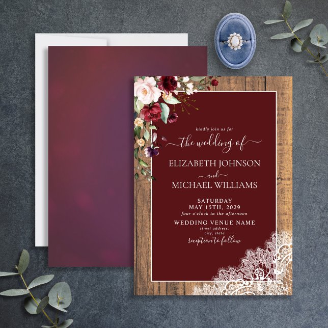 Elegante Burgundy Blush Botanical Wood Wedding Einladung (Von Creator hochgeladen)