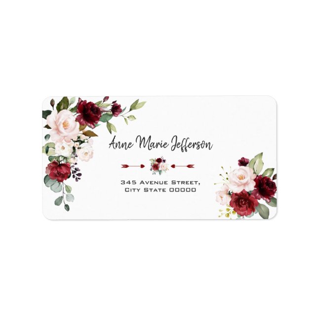 Elegante Burgundy Blush Cream Floral Wedding Adressaufkleber (Vorne)