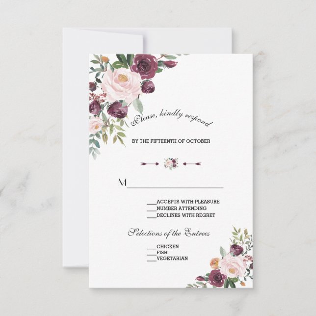 Elegante Burgundy Blush Elfenbeinblütenhochzeit RSVP Karte (Vorderseite)