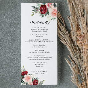 Elegante Burgundy Blush Floral Wedding Menükarte