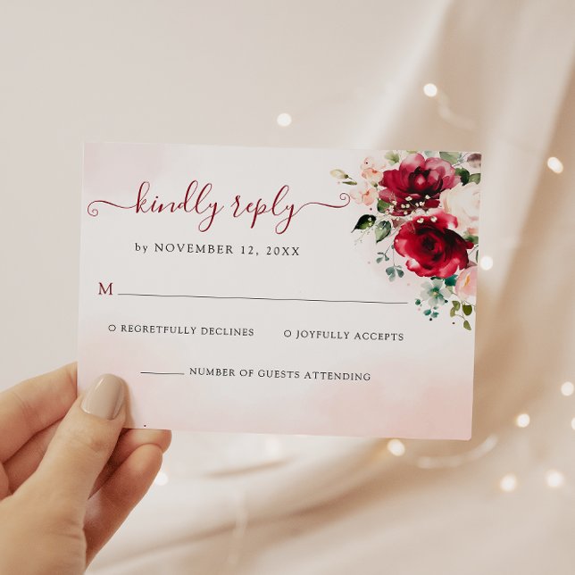 Elegante Burgundy Blush Floral Wedding RSVP Card (Von Creator hochgeladen)