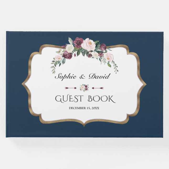 Elegante Burgundy Blush Ivory Floral Gold Wedding Gästebuch (Vorderseite)