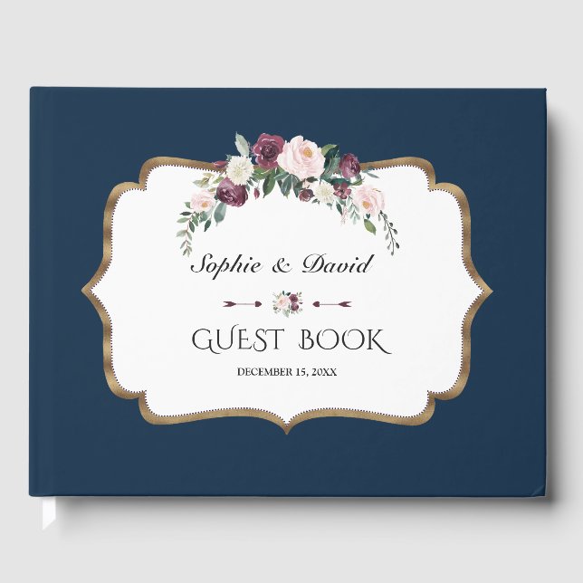 Elegante Burgundy Blush Ivory Floral Gold Wedding Gästebuch (Vorderseite)