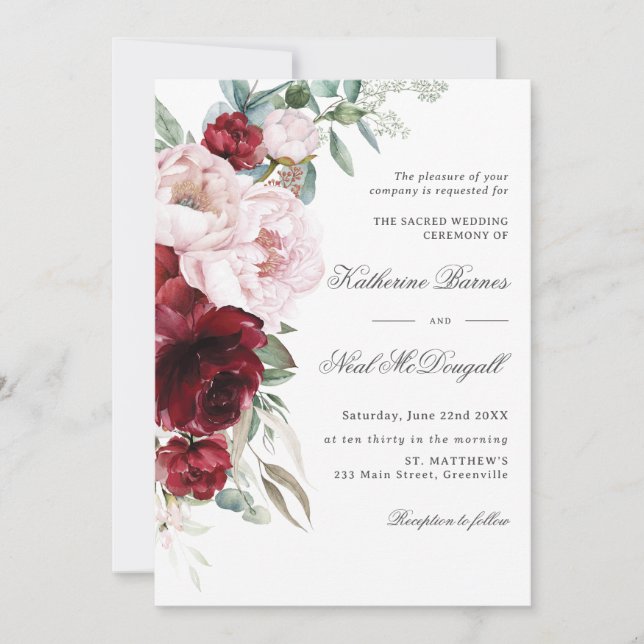 Elegante Burgundy Blush Peonies Bloral Wedding Einladung (Vorderseite)