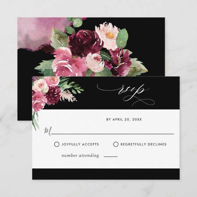 Elegante Burgundy Blush Pink and Black RSVP Card Karte (Vorne/Hinten)