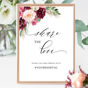 Elegante Burgundy Blush Pink Floral Hashtag Zeiche Poster
