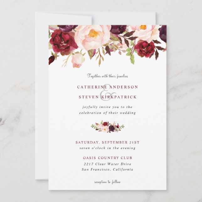 Elegante Burgundy Blush Pink Floral Wedding Einladung (Vorderseite)