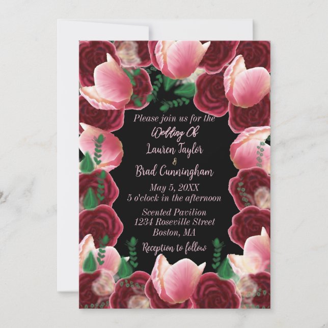 Elegante Burgundy & Blush Pink Rose Black Wedding Einladung (Vorderseite)