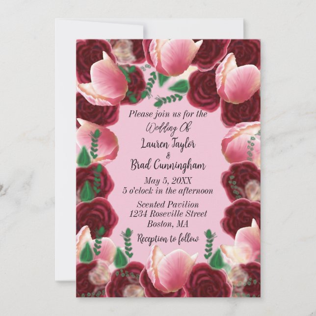 Elegante Burgundy & Blush Pink Rose Pink Wedding Einladung (Vorderseite)