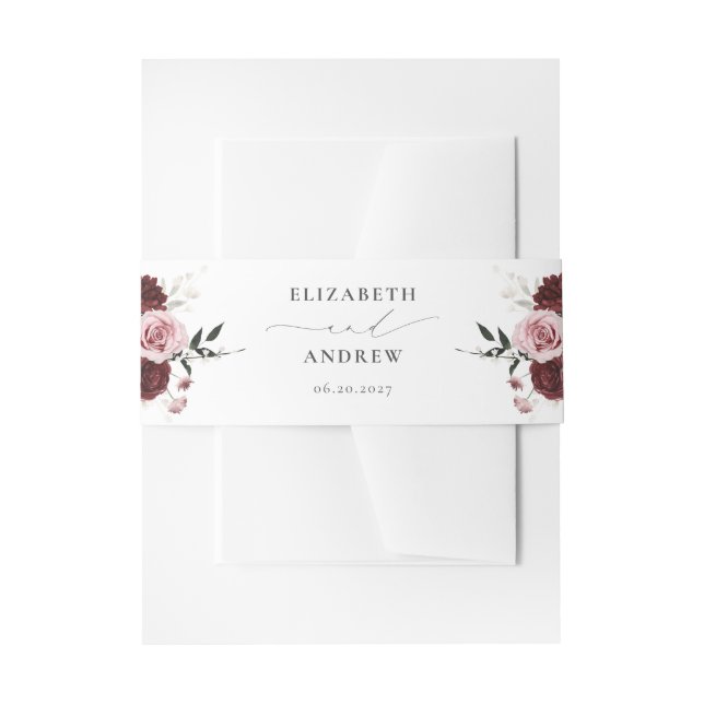 Elegante Burgundy Blush Pink Roses Blumenhochzeit Einladungsbanderole (Vorderseite Beispiel)