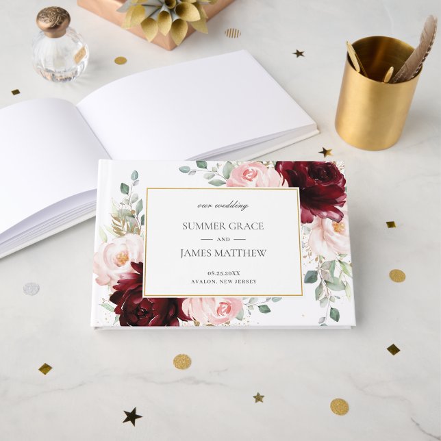 Elegante Burgundy Blush Pink Roses Blumenhochzeit Gästebuch (Vorderseite Offen)