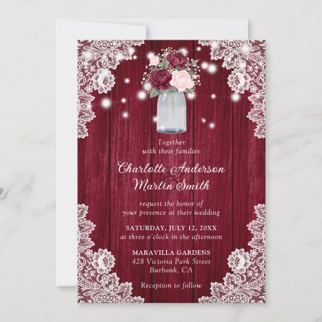 Elegante Burgundy Blush Rustic Wood Floral Wedding Einladung (Vorderseite)