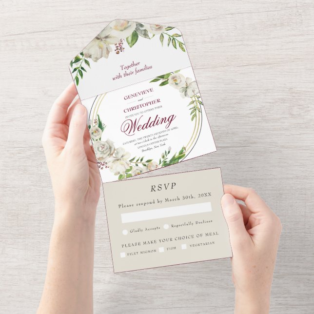 Elegante Burgundy Champagne Gold Rose Wedding All In One Einladung (Abreißen)