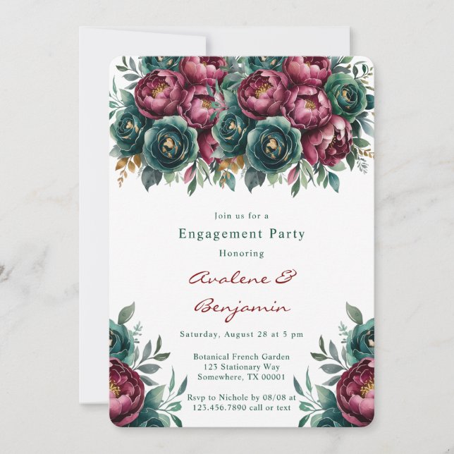 Elegante Burgundy Emerald Peony Engagement Party Einladung (Vorderseite)