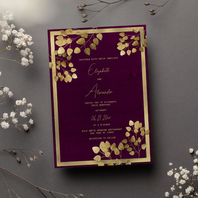Elegante burgundy-Eukalyptus-Blatthochzeit Einladung (Elegant burgundy gold eucalyptus leaf wedding )
