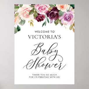 Elegante Burgundy Fall Floral Baby Dusche Willkomm Poster