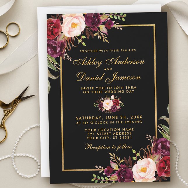 Elegante Burgundy Floral Black Wedding Einladung (Customize to change text color, style, add text & photos to back or change color of back of card.)