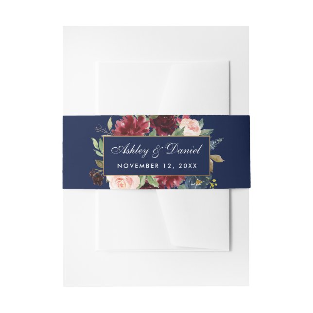 Elegante Burgundy Floral Blue Gold Wedding Einladungsbanderole (Vorderseite Beispiel)