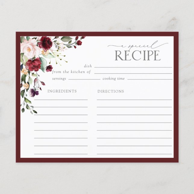 Elegante Burgundy Floral Brautparty Rezept Card (Vorderseite)