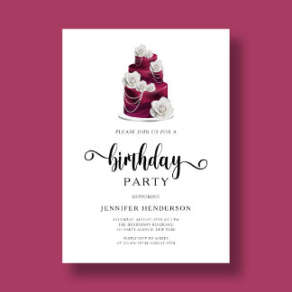 Elegante Burgundy Floral Cake Geburtstagsparty Einladung