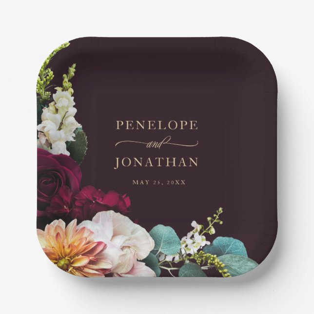 Elegante Burgundy Floral Gold Monogram Wedding Pappteller (Vorderseite)