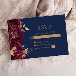 Elegante Burgundy Floral Gold Navy Blue Wedding RSVP Karte