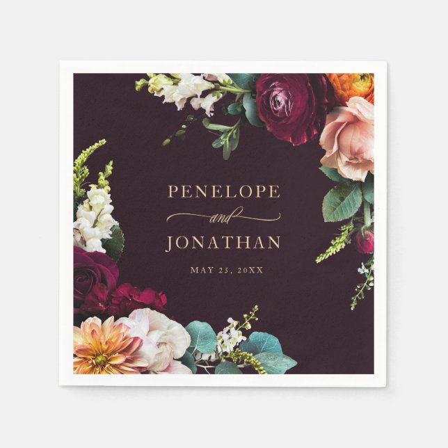 Elegante Burgundy Floral Gold Script Wedding Serviette (Vorderseite)