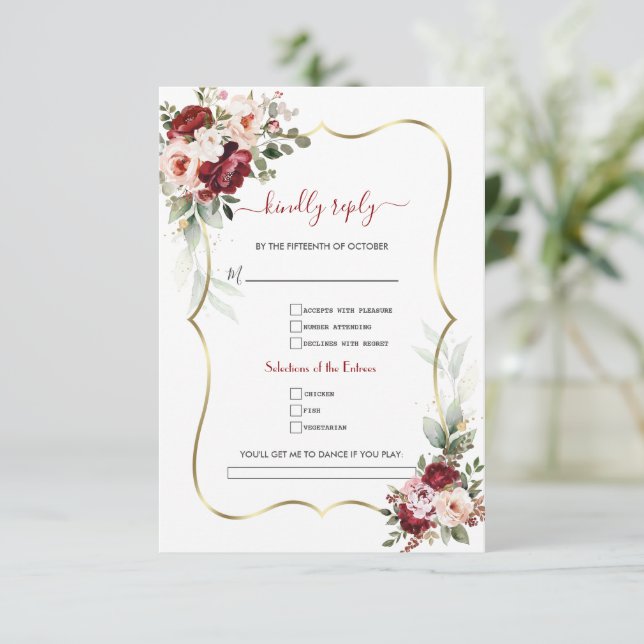 Elegante Burgundy Floral Gold Song Anfrage Hochzei RSVP Karte (Stehend Vorderseite)
