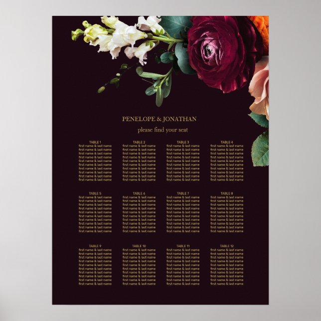 Elegante Burgundy Floral Gold Typografie Sitzplätz Poster (Vorne)