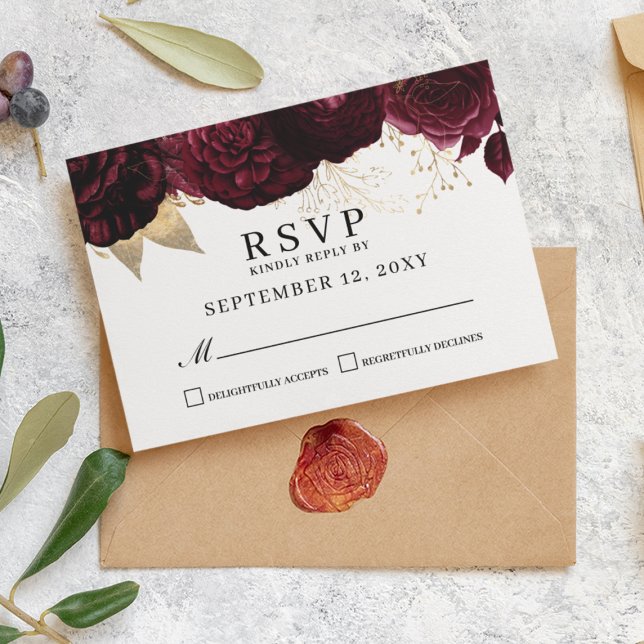 Elegante Burgundy Floral Gold UAWG Response Card RSVP Karte (Von Creator hochgeladen)