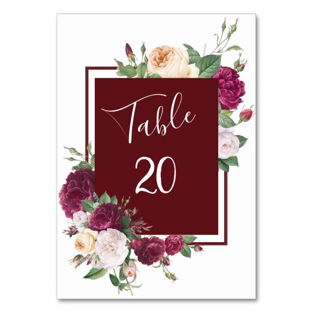 Elegante Burgundy Floral - Hochzeitstisch Tischnummer (Vorderseite)