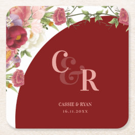 Elegante Burgundy Floral Monogram Wedding Party Rechteckiger Pappuntersetzer