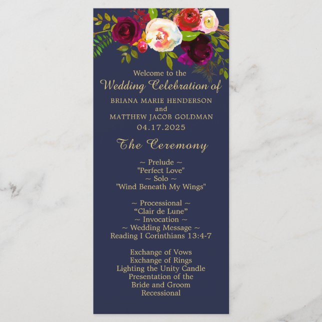 Elegante Burgundy Floral Navy Blue Gold Hochzeit Programm (Vorderseite)