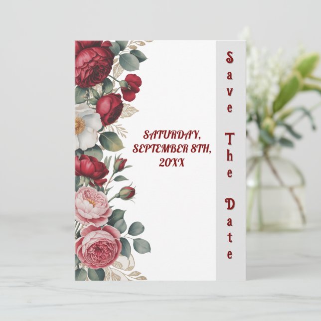 Elegante Burgundy Floral Save the Date Karte (Stehend Vorderseite)