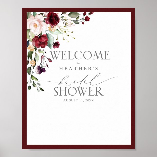 Elegante Burgundy Floral Watercolor Dusche Willkom Poster (Vorne)