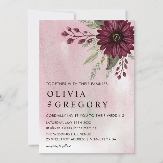 Elegante Burgundy Floral Watercolor Wedding Einladung (Vorderseite)
