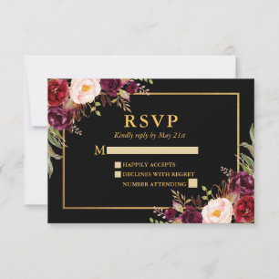 Elegante Burgundy Floral Wedding Black Gold UAWG RSVP Karte