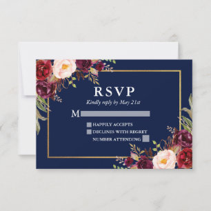 Elegante Burgundy Floral Wedding Blue Gold UAWG RSVP Karte