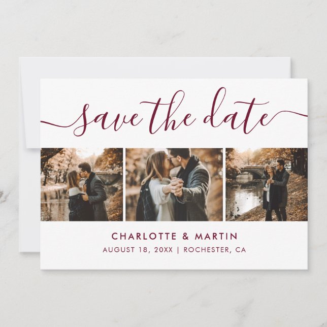 Elegante Burgundy FotoCollage Save the Date (Vorderseite)