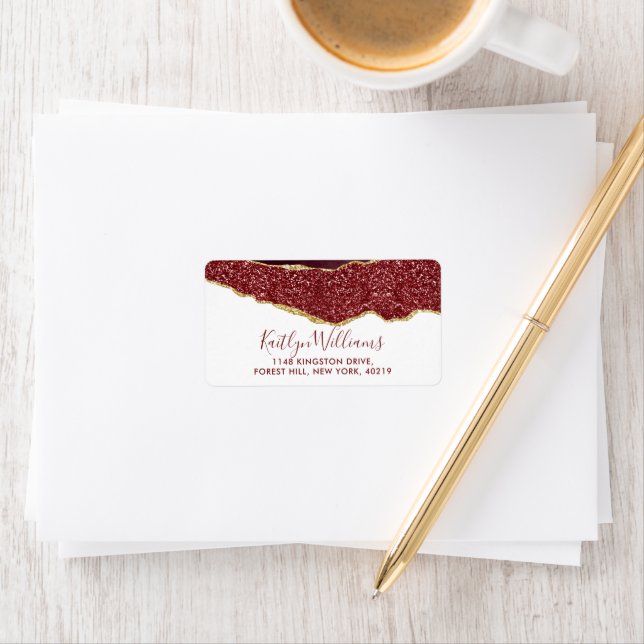 Elegante Burgundy & Gold Agate Wedding Adressaufkleber (Insitu)