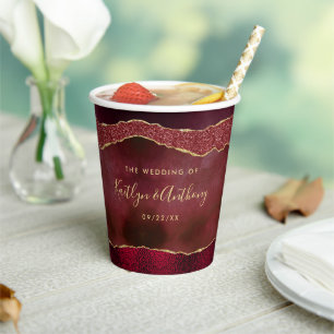 Elegante Burgundy & Gold Agate Wedding Pappbecher