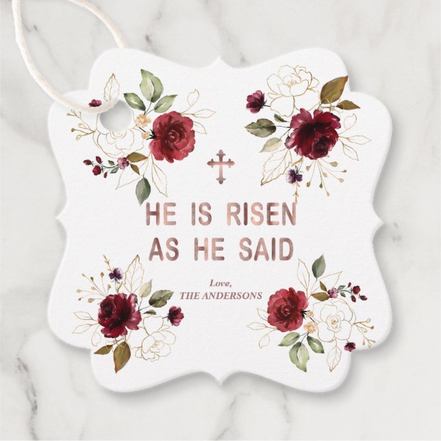 Elegante Burgundy Gold Blume Er ist zu Ostern Rise Geschenkanhänger (Vorderseite)