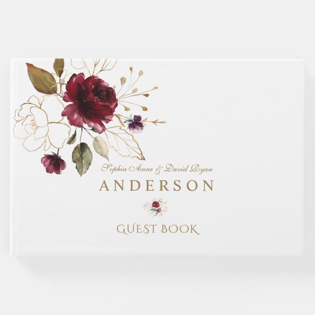 Elegante Burgundy Gold Blume Monogram Wedding Gästebuch (Vorderseite)