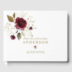 Elegante Burgundy Gold Blume Monogram Wedding Gästebuch