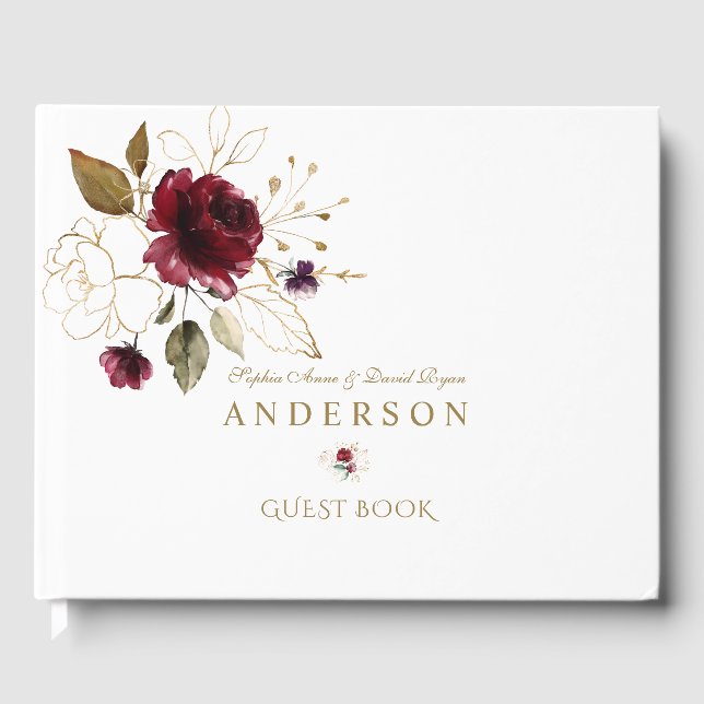 Elegante Burgundy Gold Blume Monogram Wedding Gästebuch (Vorderseite)