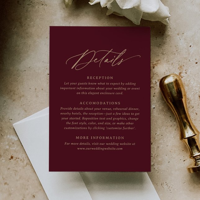 Elegante Burgundy Gold Calligraphy Wedding Details RSVP Karte (Von Creator hochgeladen)